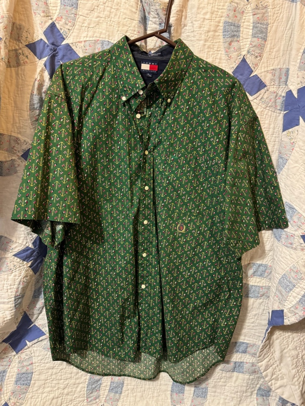 Tommy Hilfiger Green Anchor Print Short Sleeve Button-Down Shirt